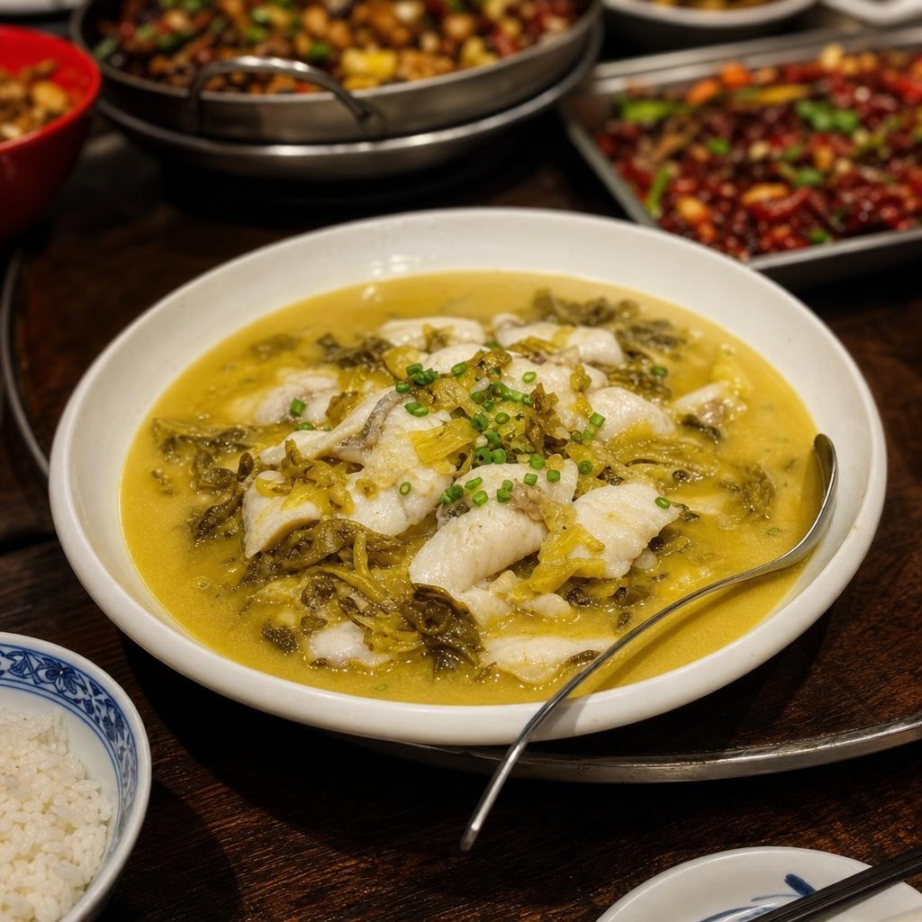 Seabass fillet with Sichuan pickles in golden soup